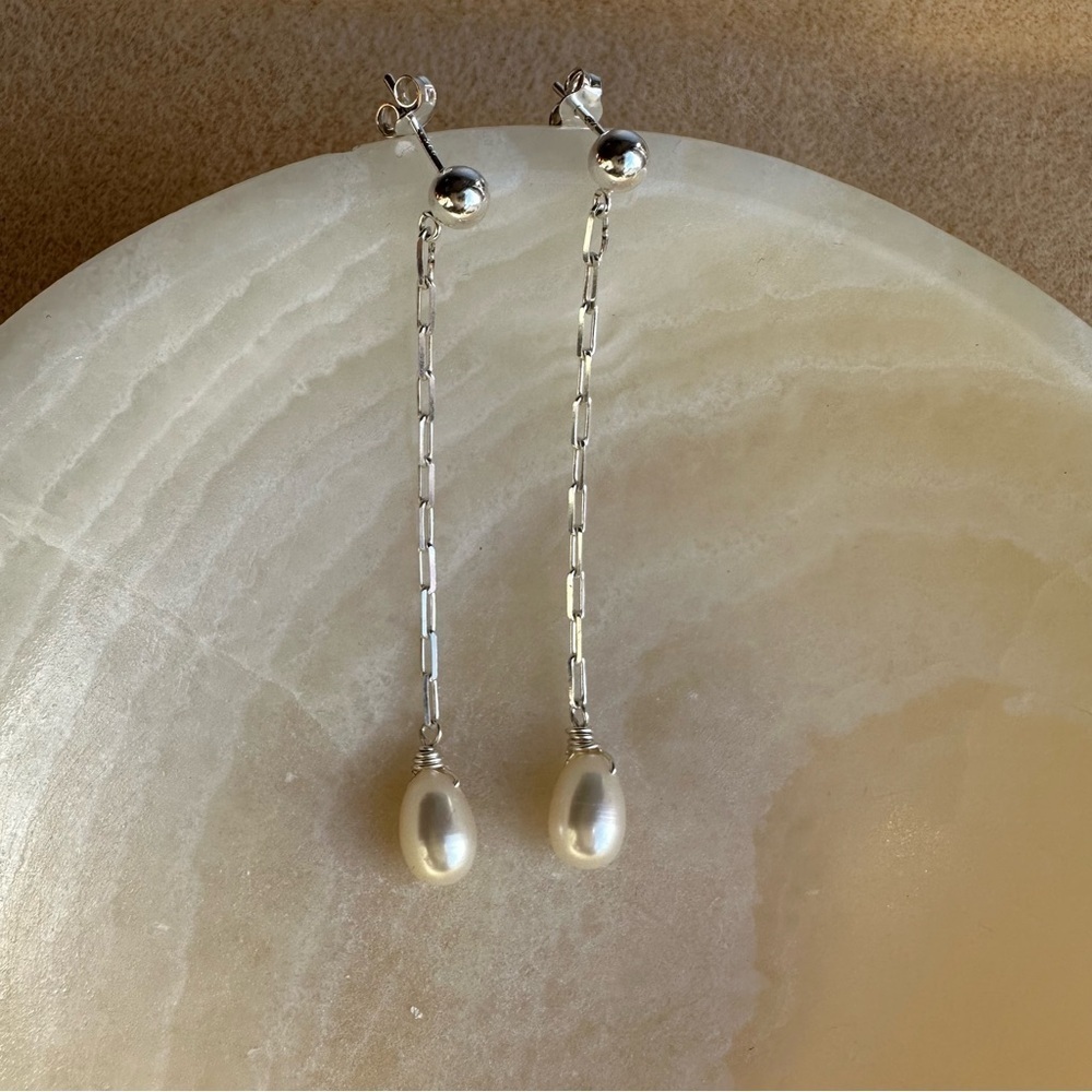 Sterling Silver Pearl Paper clip Drop Earrings